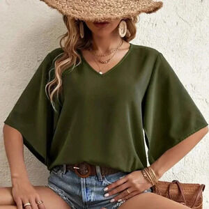 V-neck Blouse (Color: Army Green)